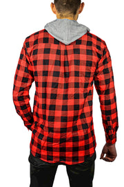 Mens Cotton Flannelette Shirt w Jersey Hood Long Sleeve Flannel - Red/Black - L V563-WS47-190-L