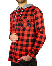 Mens Cotton Flannelette Shirt w Jersey Hood Long Sleeve Flannel - Red/Black - L V563-WS47-190-L