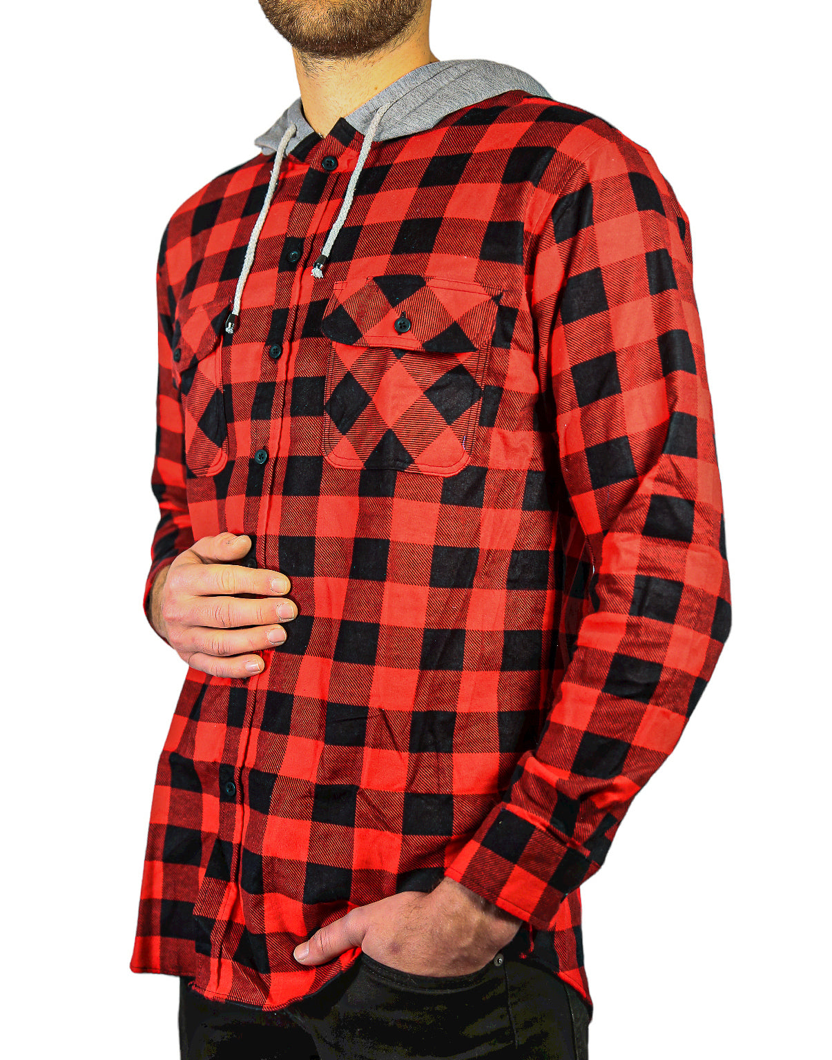Mens Cotton Flannelette Shirt w Jersey Hood Long Sleeve Flannel - Red/Black - S V563-WS47-190-S