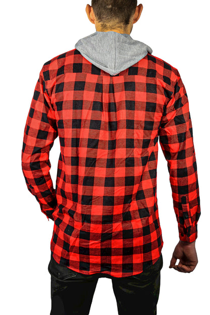 Mens Cotton Flannelette Shirt w Jersey Hood Long Sleeve Flannel - Red/Black - XL V563-WS47-190-XL