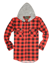 Mens Cotton Flannelette Shirt w Jersey Hood Long Sleeve Flannel - Red/Black - XL