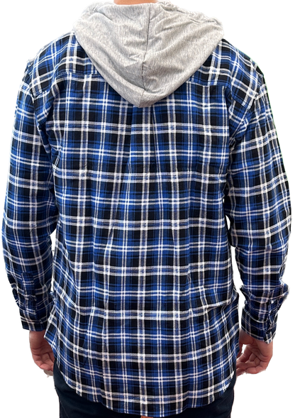 Mens Cotton Flannelette Shirt w Jersey Hood Long Sleeve Flannel - Denim - 2XL V563-WS47-45-2XL