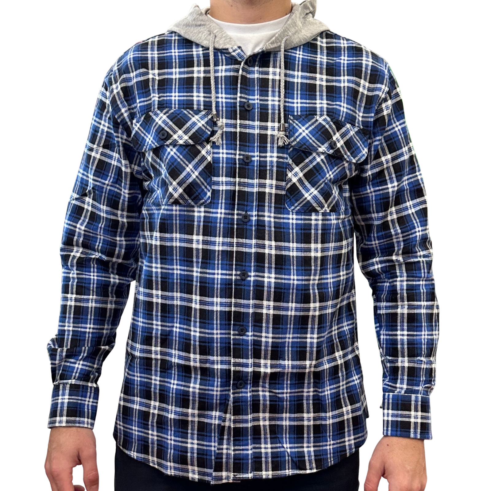 Mens Cotton Flannelette Shirt w Jersey Hood Long Sleeve Flannel - Denim - L V563-WS47-45-L