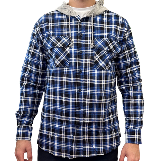 Mens Cotton Flannelette Shirt w Jersey Hood Long Sleeve Flannel - Denim - L V563-WS47-45-L
