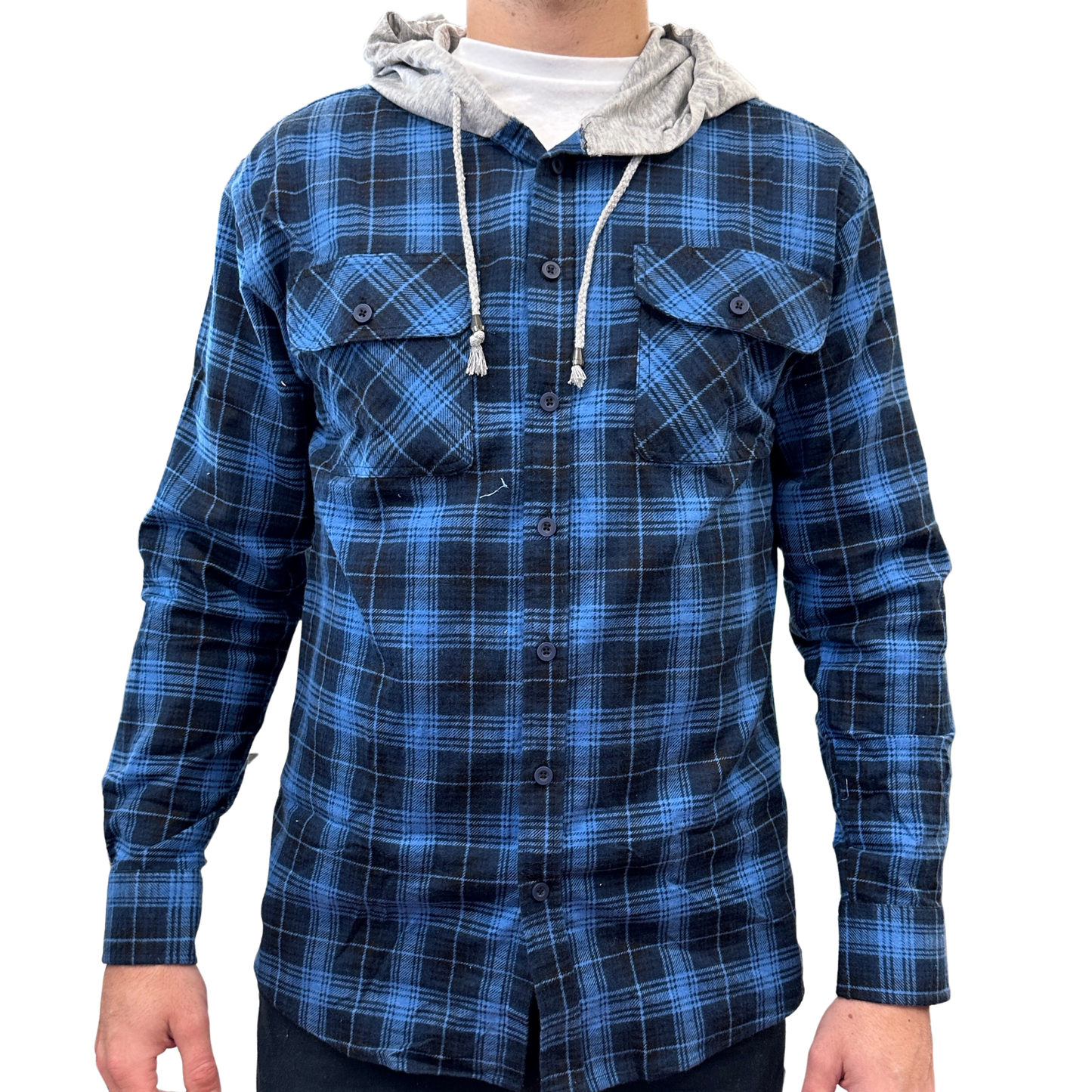 Mens Cotton Flannelette Shirt w Jersey Hood Long Sleeve Flannel - Blue - M V563-WS47-48-M