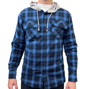 Mens Cotton Flannelette Shirt w Jersey Hood Long Sleeve Flannel - Blue - M V563-WS47-48-M