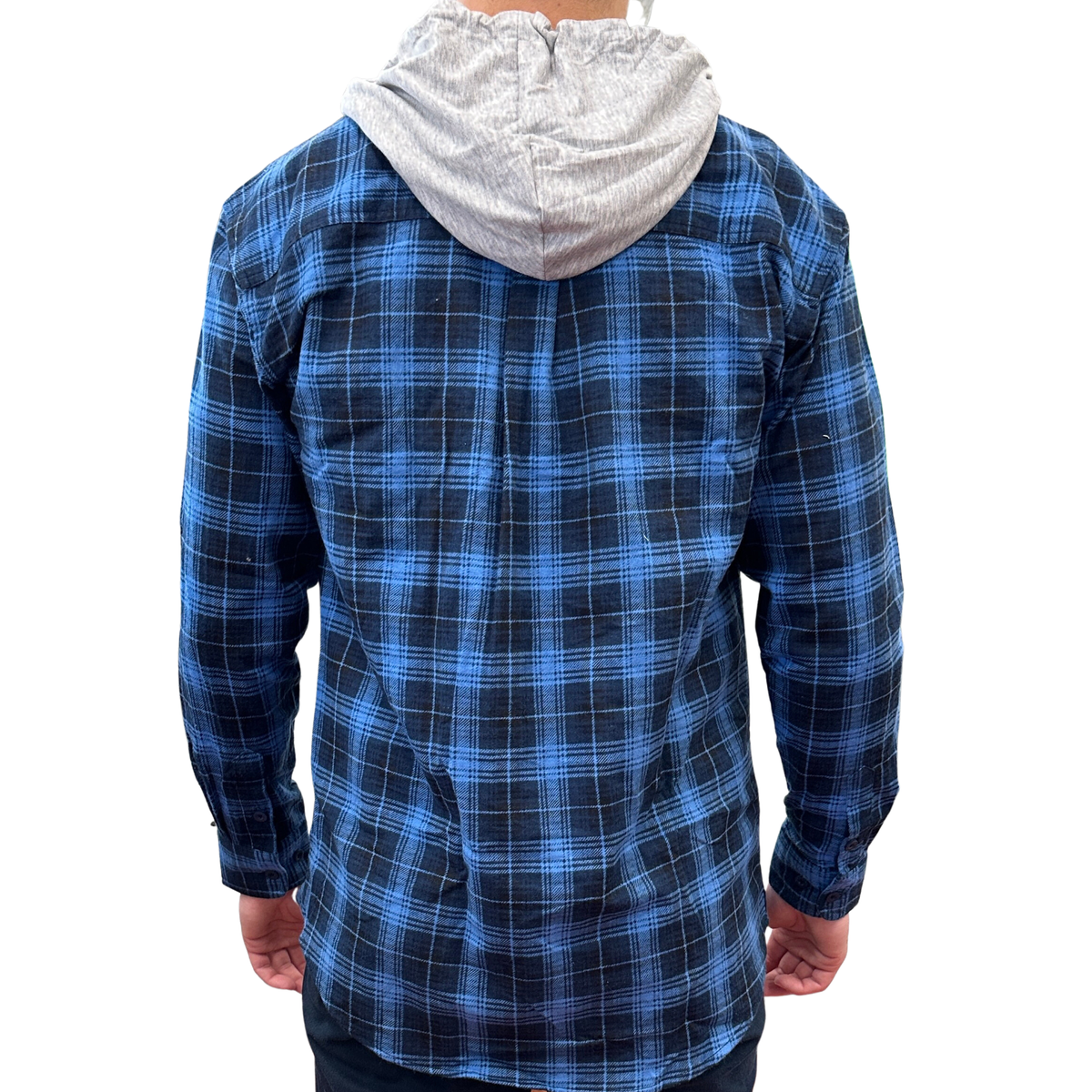 Mens Cotton Flannelette Shirt w Jersey Hood Long Sleeve Flannel - Blue - M V563-WS47-48-M