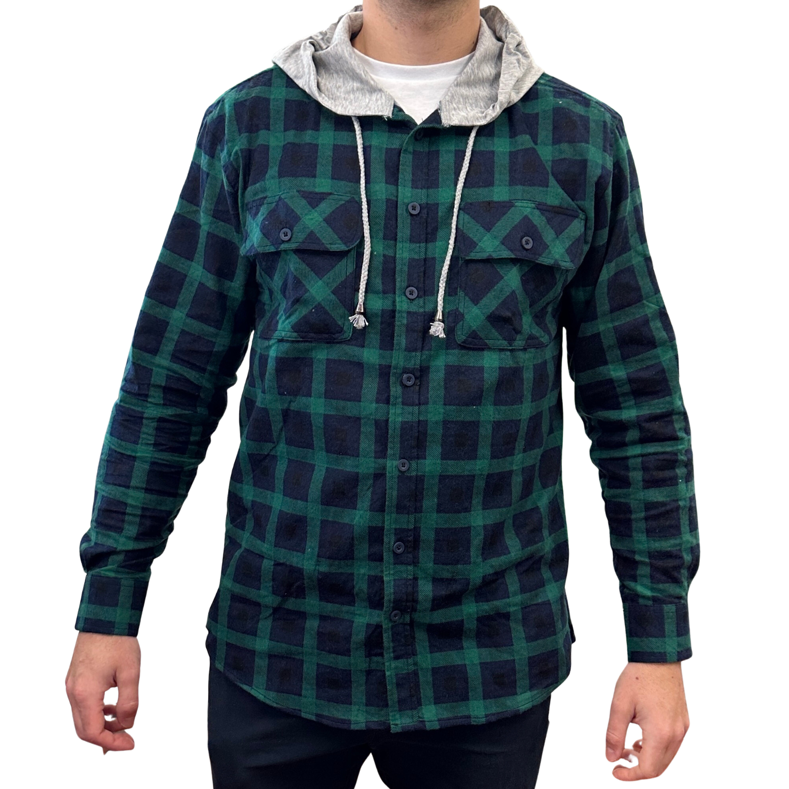 Mens Cotton Flannelette Shirt w Jersey Hood Long Sleeve Flannel - Green - L V563-WS47-82-L