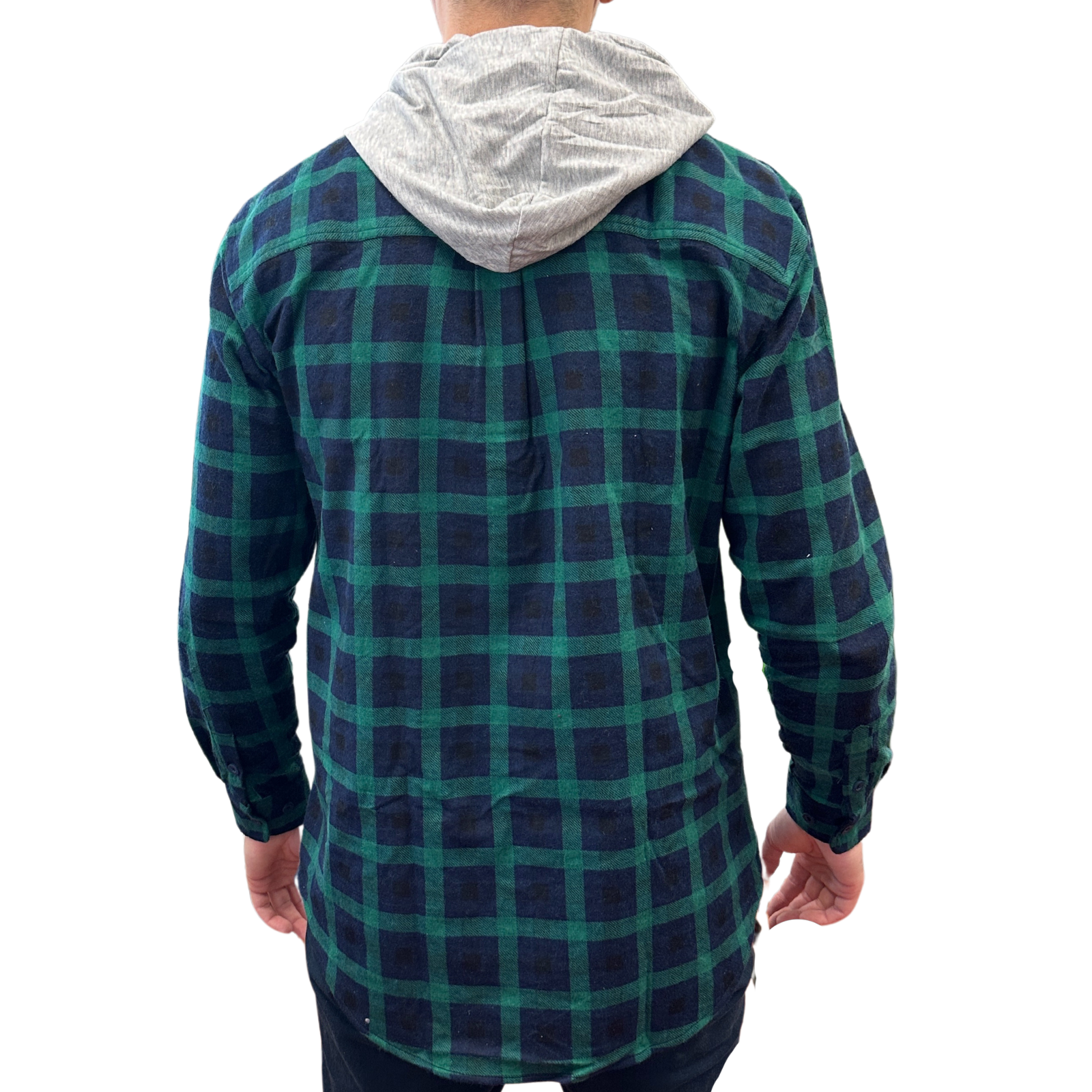 Mens Cotton Flannelette Shirt w Jersey Hood Long Sleeve Flannel - Green - L V563-WS47-82-L