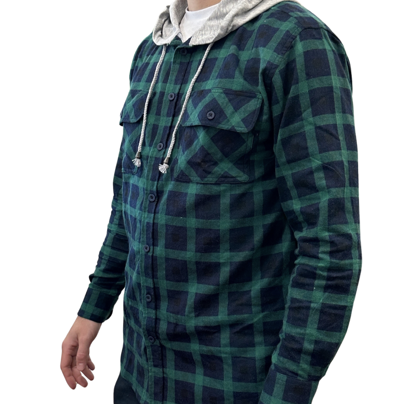 Mens Cotton Flannelette Shirt w Jersey Hood Long Sleeve Flannel - Green - L V563-WS47-82-L