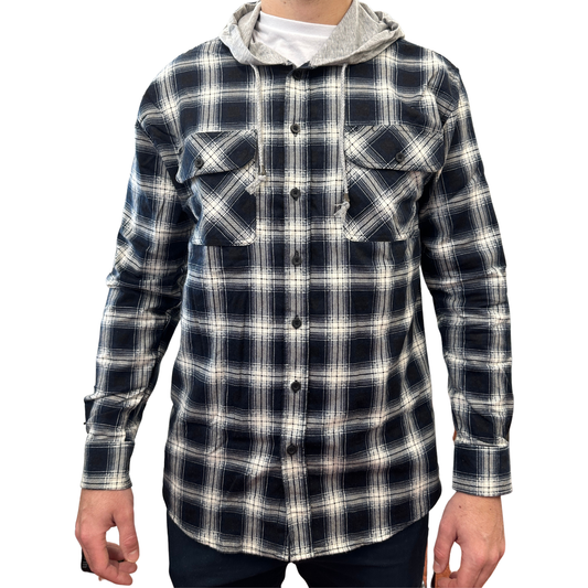 Mens Cotton Flannelette Shirt w Jersey Hood Long Sleeve Flannel - Black - L V563-WS47-99-L