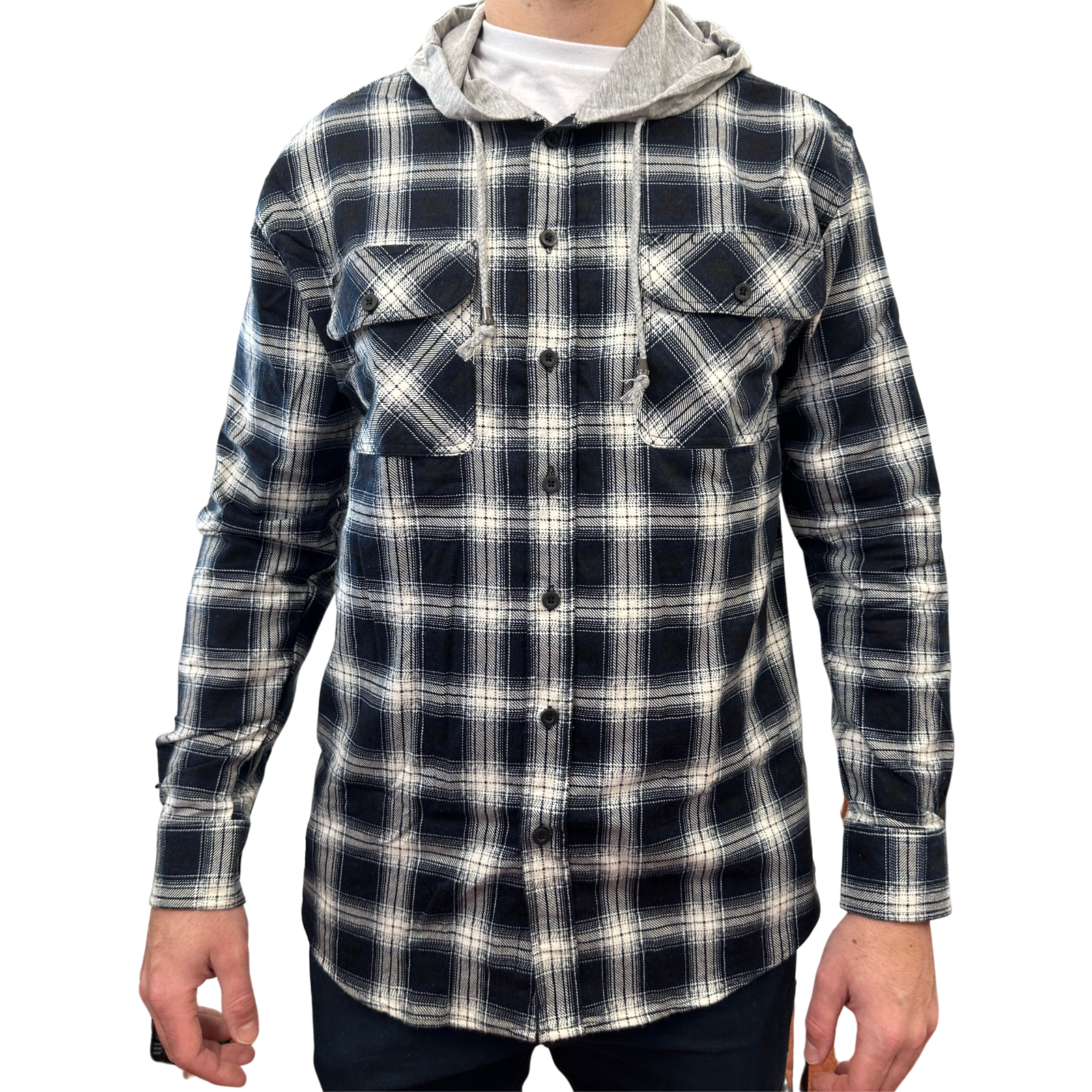 Mens Cotton Flannelette Shirt w Jersey Hood Long Sleeve Flannel - Black - M V563-WS47-99-M