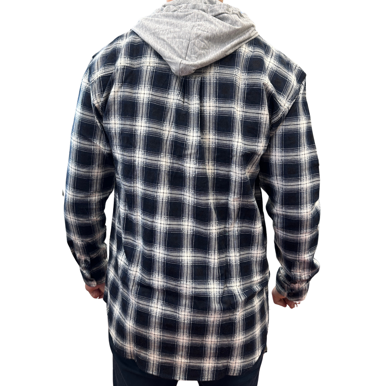 Mens Cotton Flannelette Shirt w Jersey Hood Long Sleeve Flannel - Black - M V563-WS47-99-M