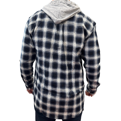 Mens Cotton Flannelette Shirt w Jersey Hood Long Sleeve Flannel - Black - M V563-WS47-99-M
