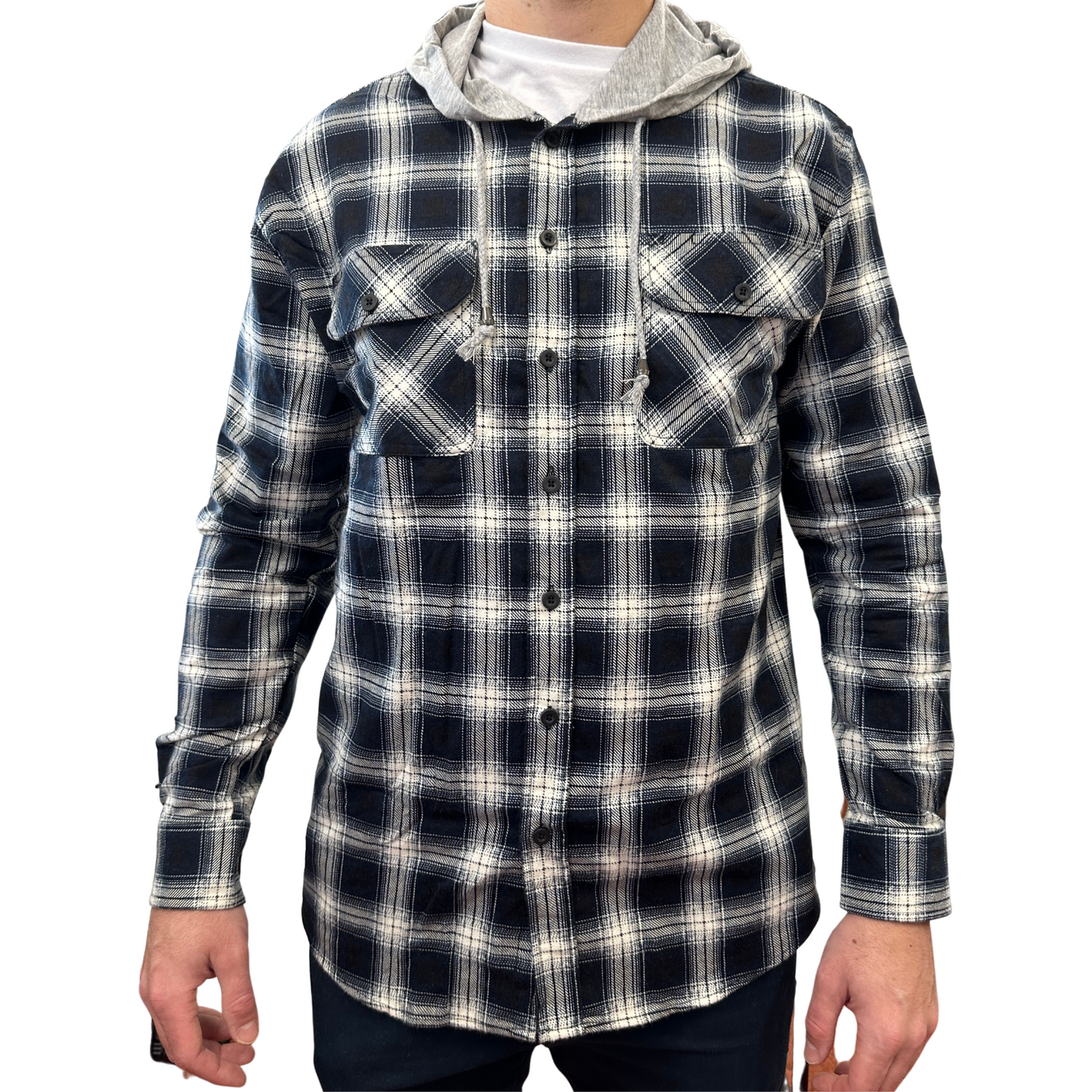 Mens Cotton Flannelette Shirt w Jersey Hood Long Sleeve Flannel - Black - S V563-WS47-99-S