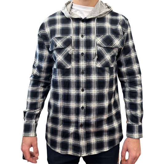 Mens Cotton Flannelette Shirt w Jersey Hood Long Sleeve Flannel - Black - S V563-WS47-99-S