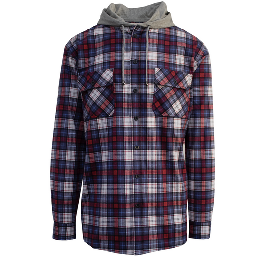 Mens Cotton Flannelette Shirt w Jersey Hood Long Sleeve Flannel - Navy - S V563-WS47-NAVY49-S