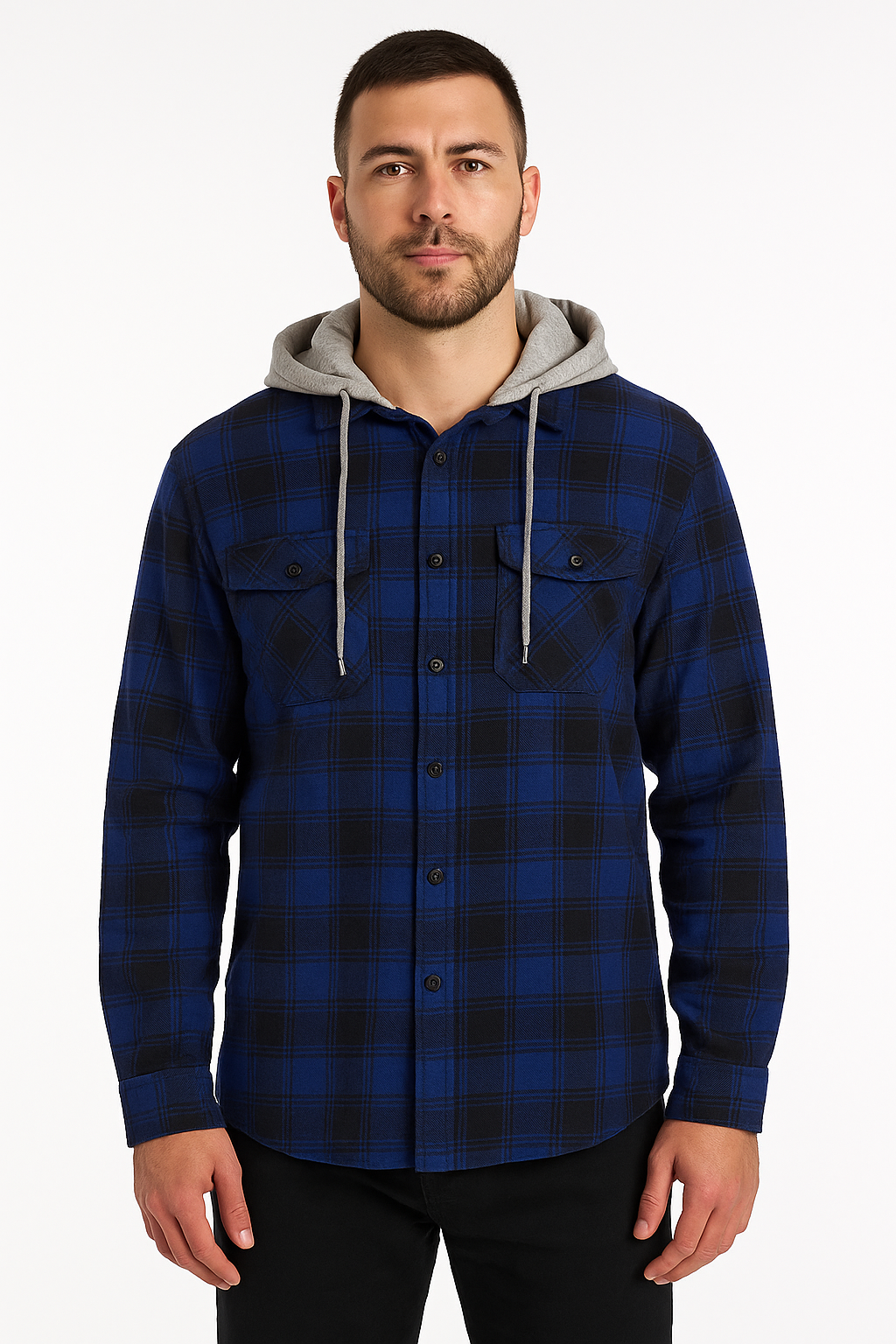 Mens Cotton Flannelette Shirt w Jersey Hood Long Sleeve Flannel - Royal Blue - S V563-WS47-ROYALBLU44-S