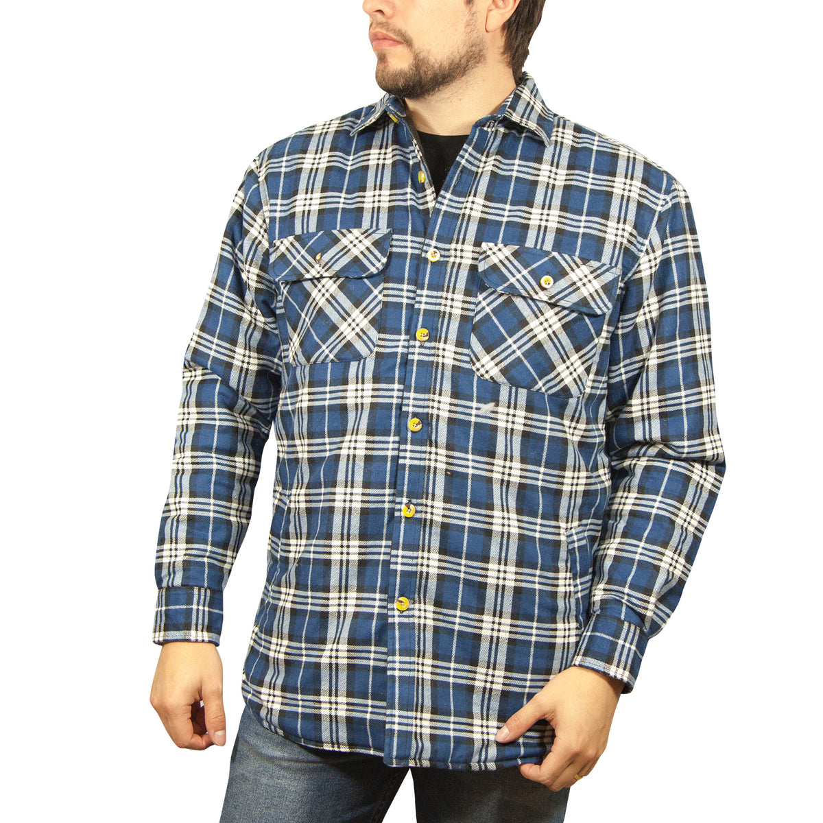 Jacksmith Quilted Flannelette Shirt Mens Jacket 100% Cotton Padded Warm Winter Flannel - Navy/Light Blue - L V563-WS59-149-L