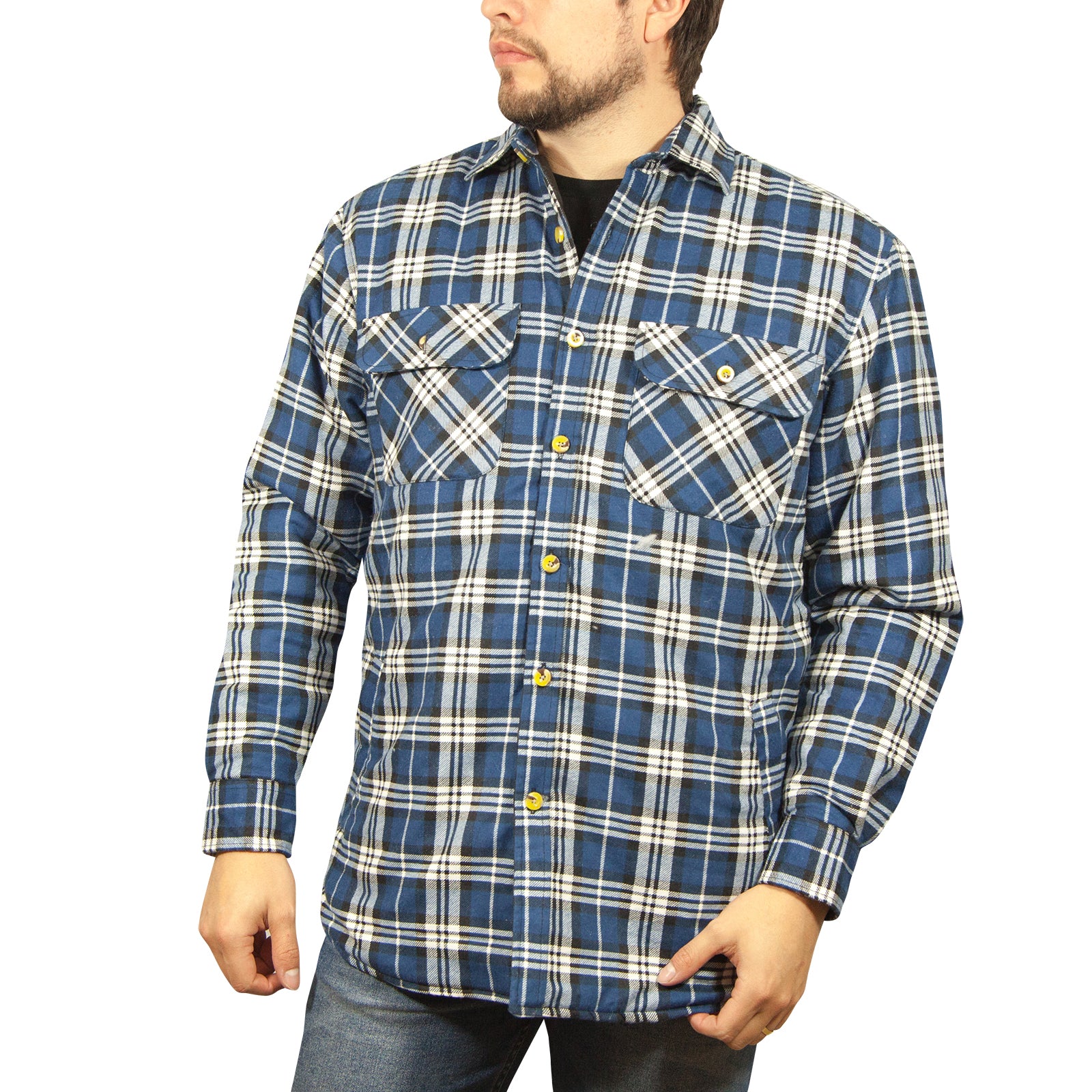 Jacksmith Quilted Flannelette Shirt Mens Jacket 100% Cotton Padded Warm Winter Flannel - Navy/Light Blue - M V563-WS59-149-M