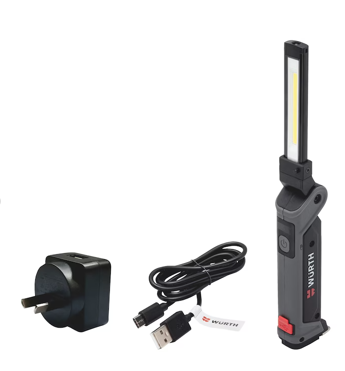 Wurth Cordless LED Handheld Work Lamp ERGOPOWER BEND+ - 700 Lumen, Folding Head, USB Rechargeable V563-WURTH-0827940301