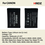 Hridz LP-E17 Batteries & Dual Charger For Canon EOS M6 200D 200D 77D 750D 760D 8000D V571-0728040811829