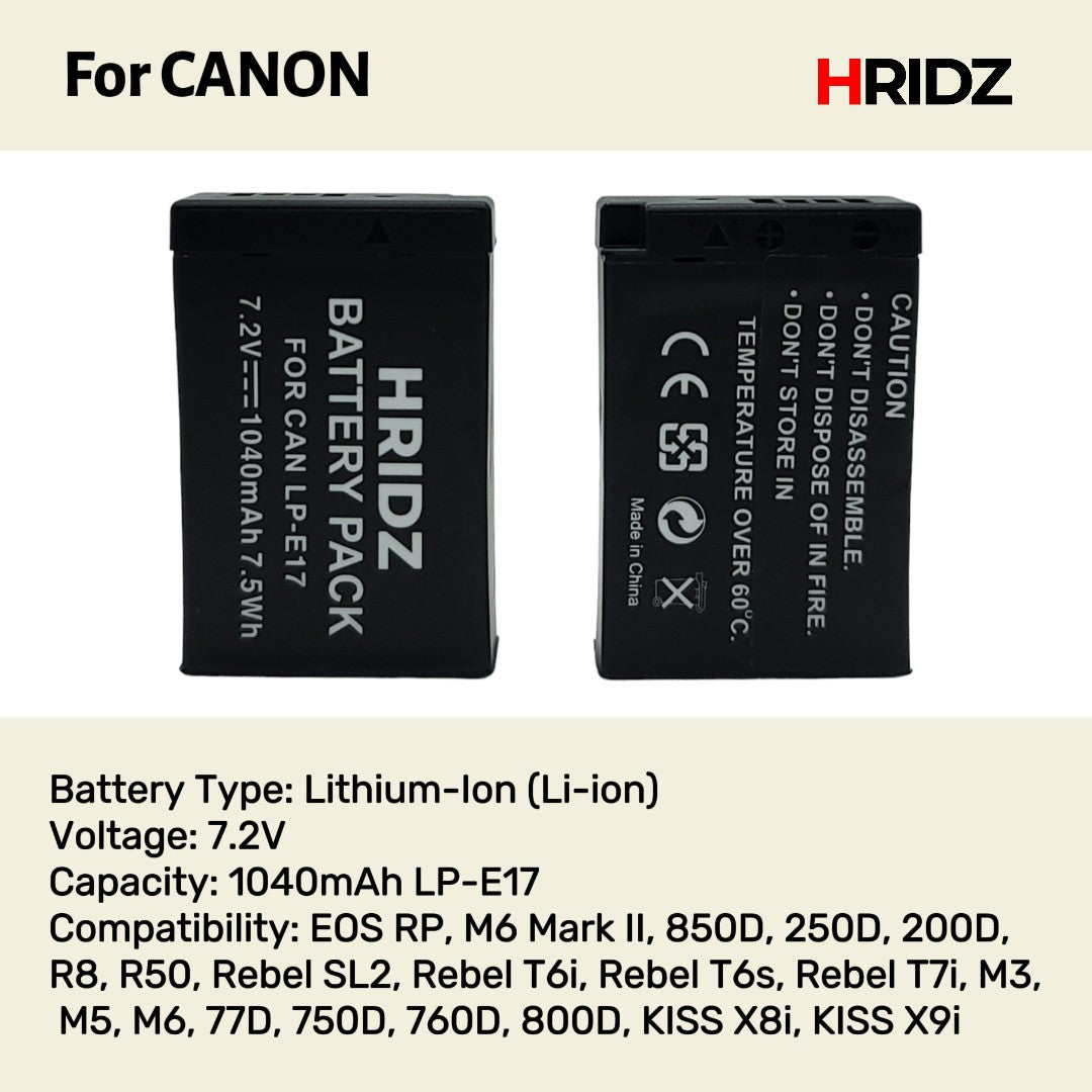 Hridz LP-E17 Batteries & Dual Charger For Canon EOS M6 200D 200D 77D 750D 760D 8000D V571-0728040811829