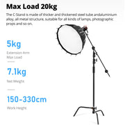 150-330cm Black Heavy Duty C-Stand Adjustable Light Stand Load 20KG Capacity V571-0740111698290
