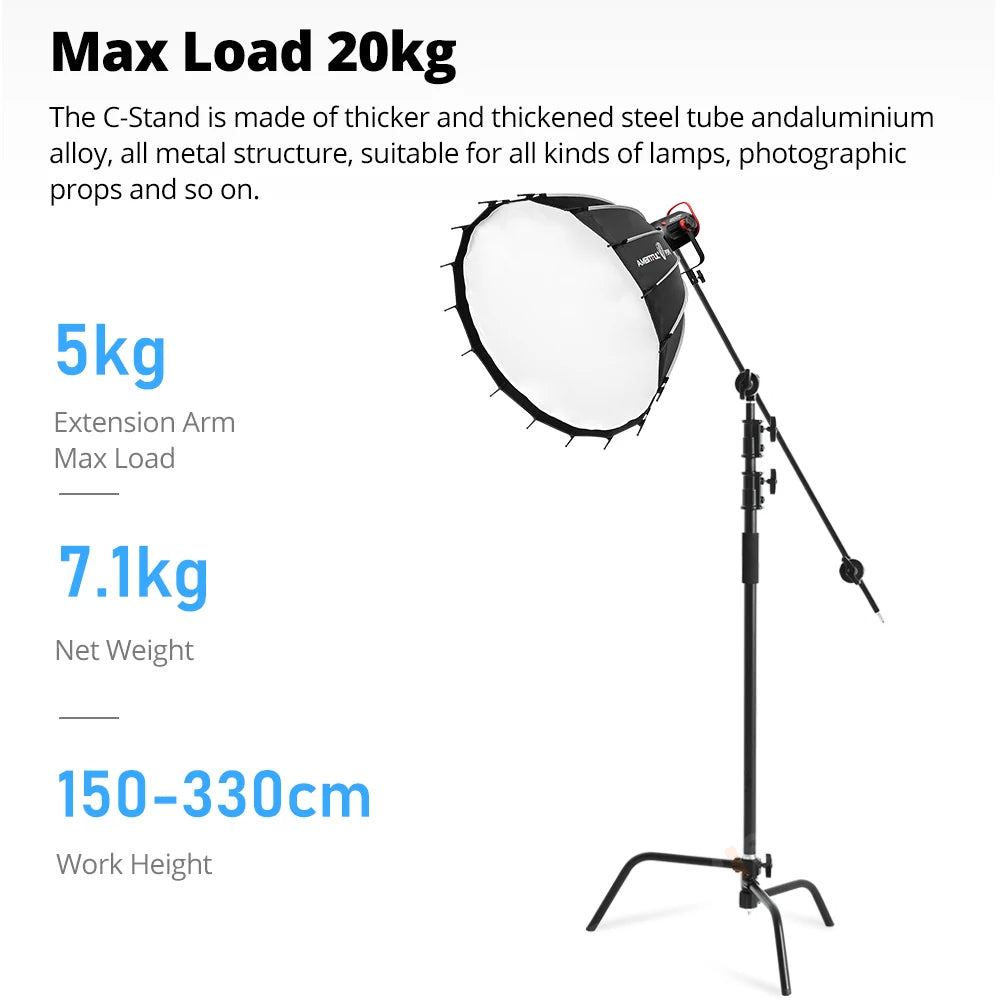 150-330cm Black Heavy Duty C-Stand Adjustable Light Stand Load 20KG Capacity V571-0740111698290