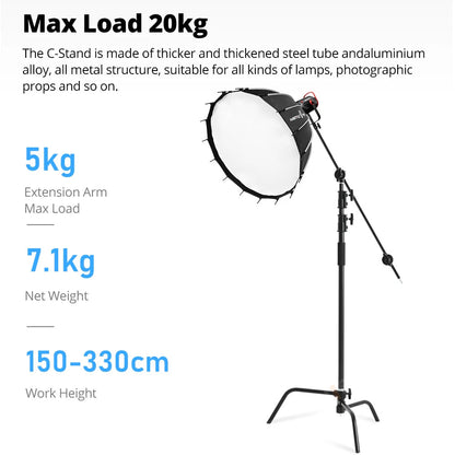 150-330cm Black Heavy Duty C-Stand Adjustable Light Stand Load 20KG Capacity V571-0740111698290
