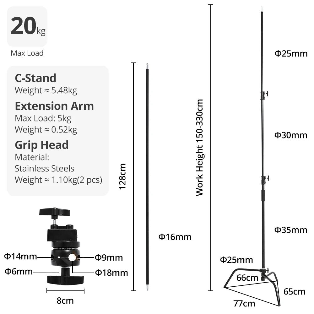 150-330cm Black Heavy Duty C-Stand Adjustable Light Stand Load 20KG Capacity V571-0740111698290