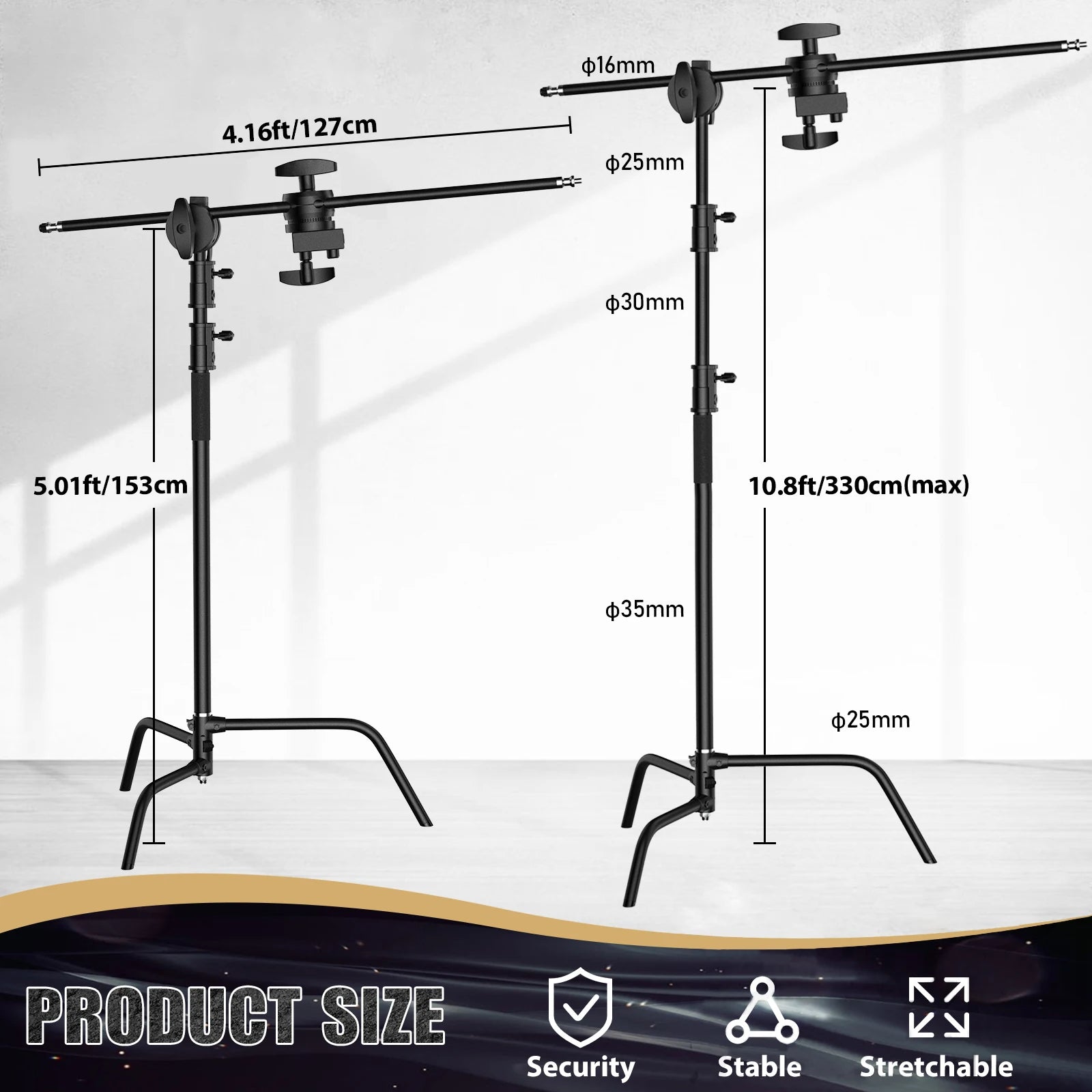 150-330cm Black Heavy Duty C-Stand Adjustable Light Stand Load 20KG Capacity V571-0740111698290