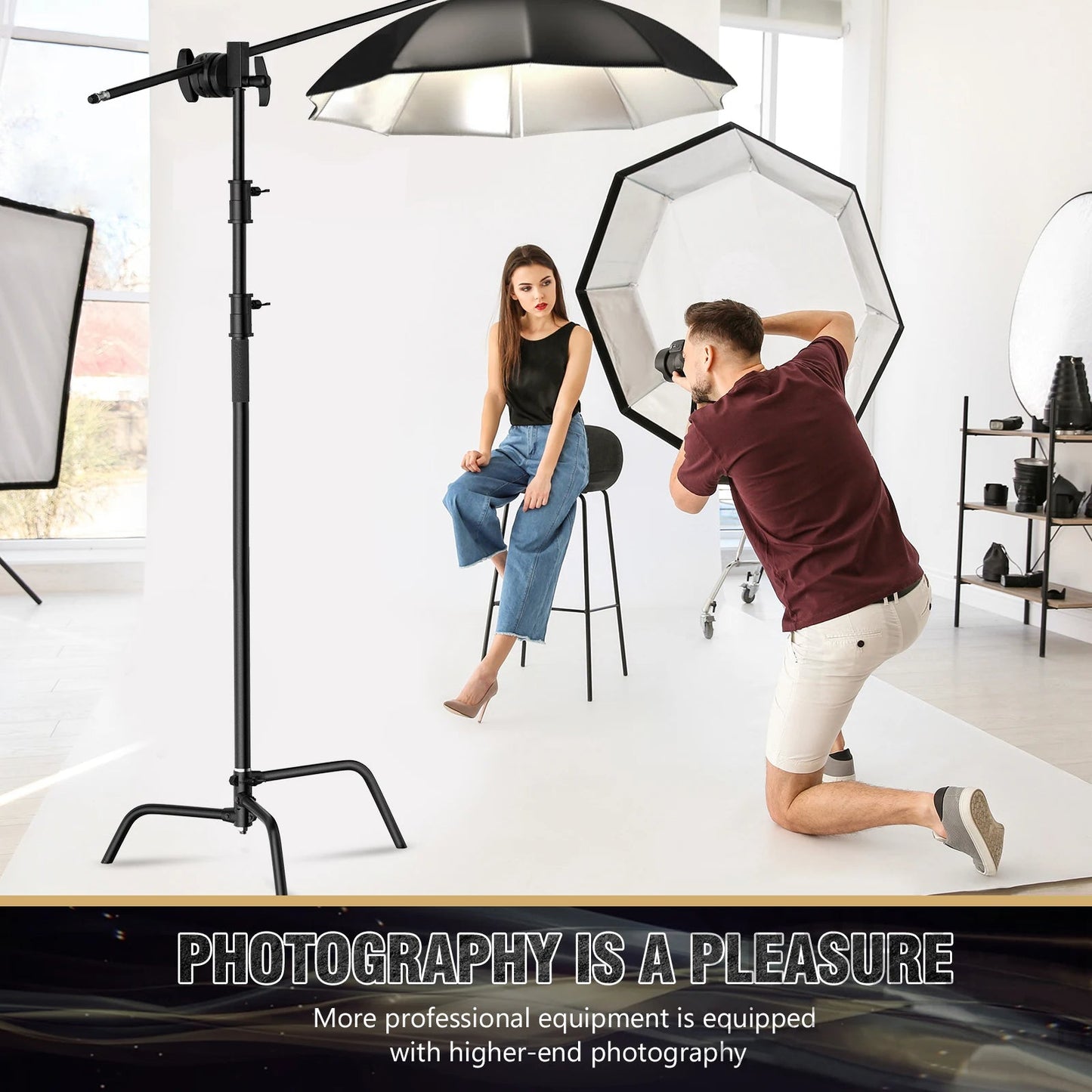 150-330cm Black Heavy Duty C-Stand Adjustable Light Stand Load 20KG Capacity V571-0740111698290