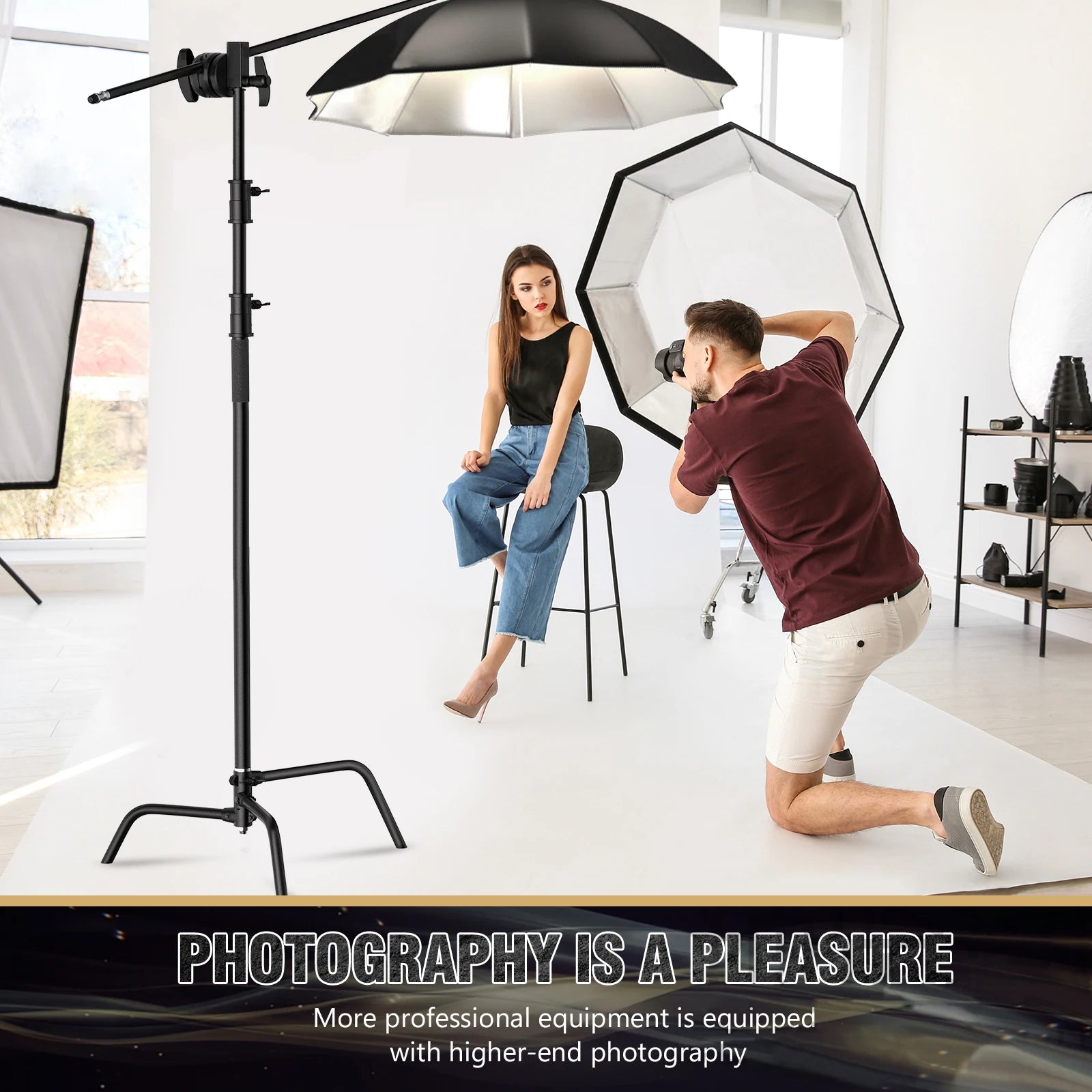 150-330cm Black Heavy Duty C-Stand Adjustable Light Stand Load 20KG Capacity V571-0740111698290