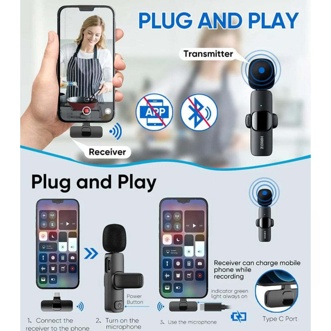 Hridz HZ9 Wireless Rechargeable 1 in 1 Microphone For fast connection Port Devices Recording Interview V571-0740111698733