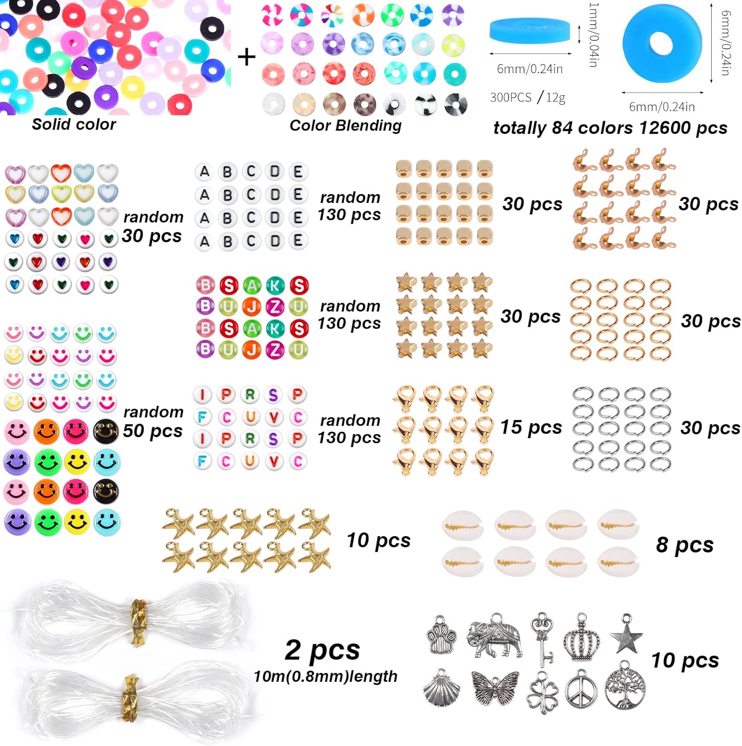 13200PCS 84 Colours Flat Round Polymer Clay Beads Kit Heishi Alphabet Letter Beads for Jewellery Bracelet V571-728040811126