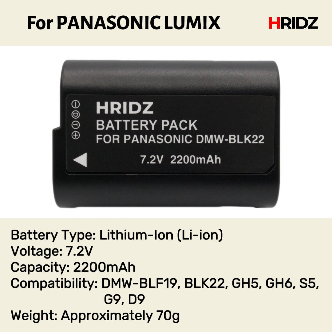 Hridz BLK22 2pcs Battery for Panasonic DMW-BLK22 LUMIX DSLR - 2-batteries only V571-HZDMWBLK22-2BATT