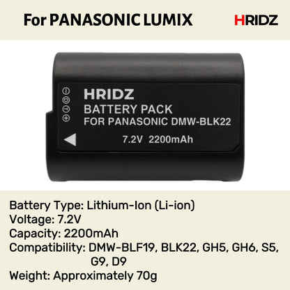 Hridz BLK22 2pcs Battery for Panasonic DMW-BLK22 LUMIX DSLR - 2-batteries only V571-HZDMWBLK22-2BATT