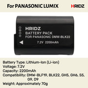 Hridz BLK22 Battery and Dual charger pack for Panasonic DMW-BLK22 LUMIX DSLR - combo-pack V571-HZDMWBLK22-COMBO