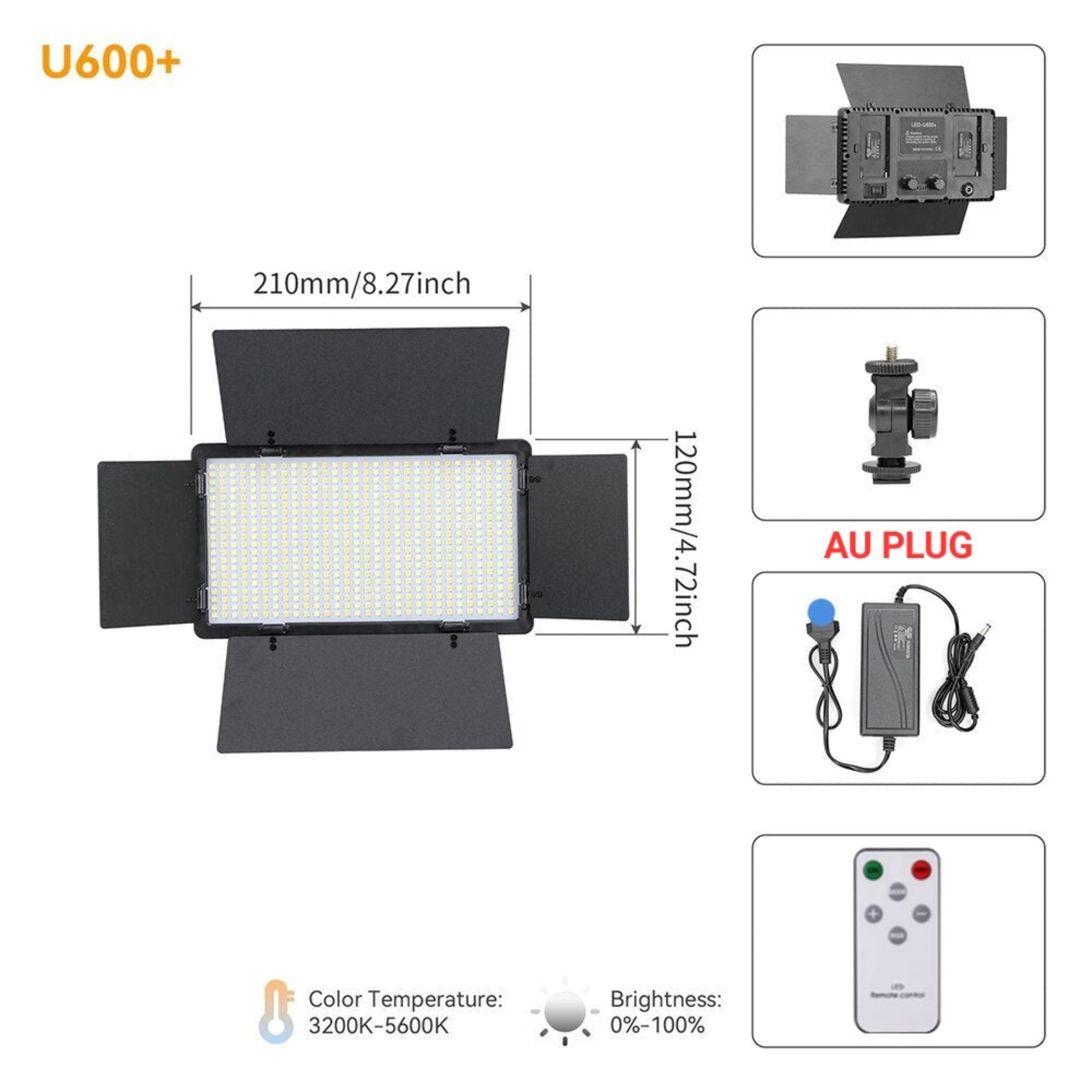 HridZ U600 LED Video Light - Dimmable Bi-Color 2500K-8500K Panel, Remote-Controlled, for Photography, V571-HZUBICOLORLED-600