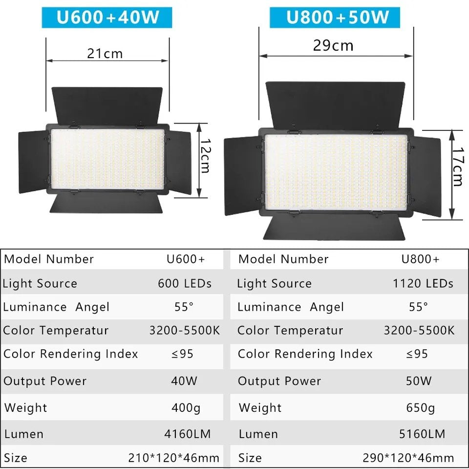 HridZ U600 LED Video Light - Dimmable Bi-Color 2500K-8500K Panel, Remote-Controlled, for Photography, V571-HZUBICOLORLED-600