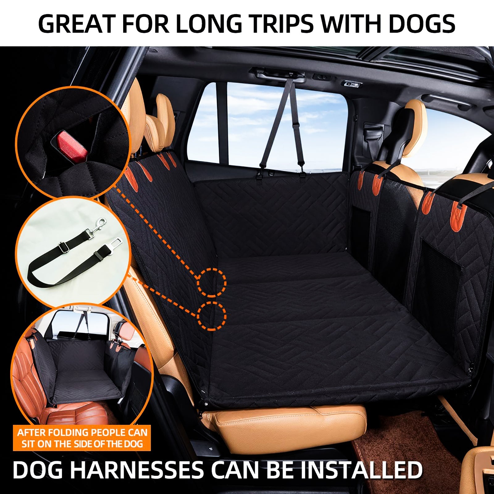 Black PawfectFriend Hard Bottom Car Back Seat Extender & Hammock for Dogs - 63x132cm Waterproof, Heavy-Duty V571-PF-CAR-HMCK-BLK