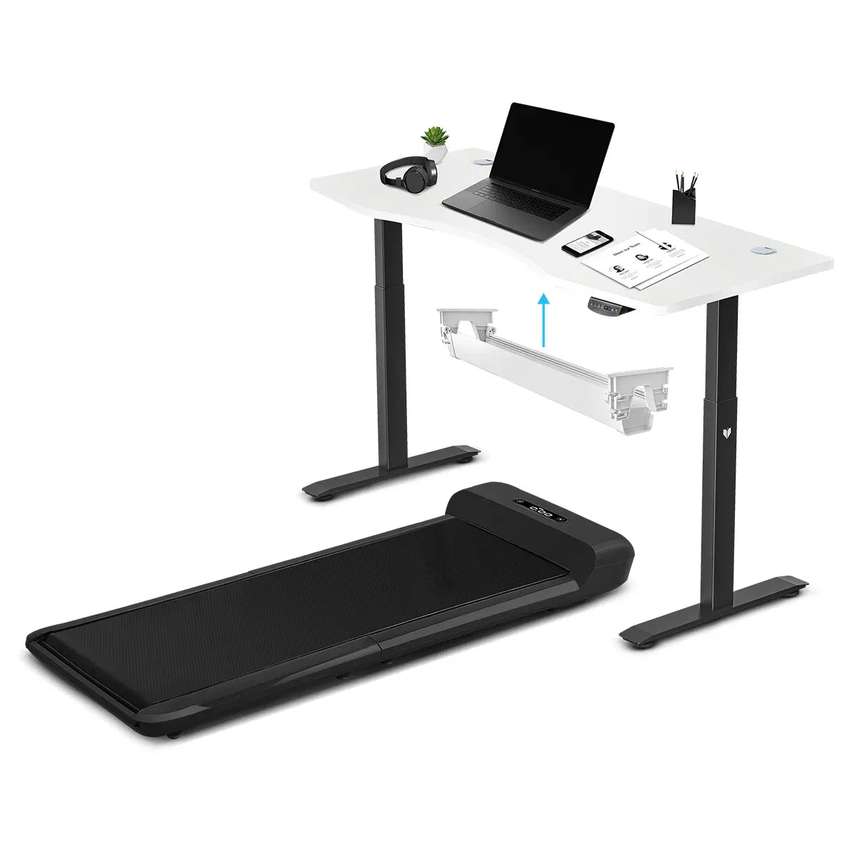 WalkingPad C2 Treadmill + ErgoDesk Automatic Standing Desk 1500mm in White/Black + Cable Management Tray V572-KWTM-C2BK-A