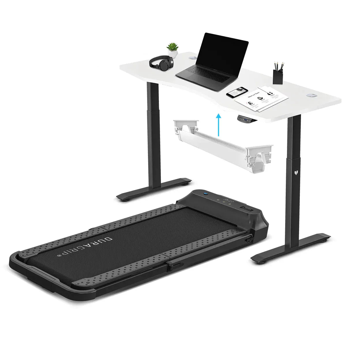 Lifespan Fitness V-FOLD Treadmill with ErgoDesk Automatic Standing Desk 1500mm in White/Black with Cable V572-LFTM-VFOLD-E