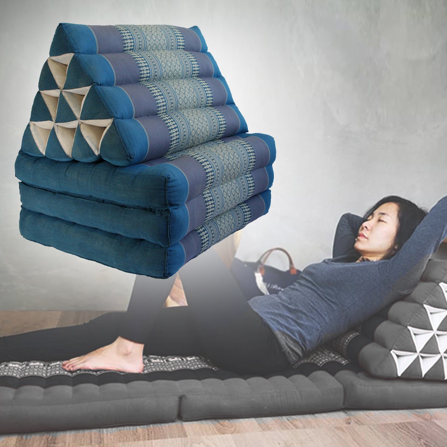 Large Thai Triangle Pillow THREE FOLDS Blue V574-TTP10BLUE