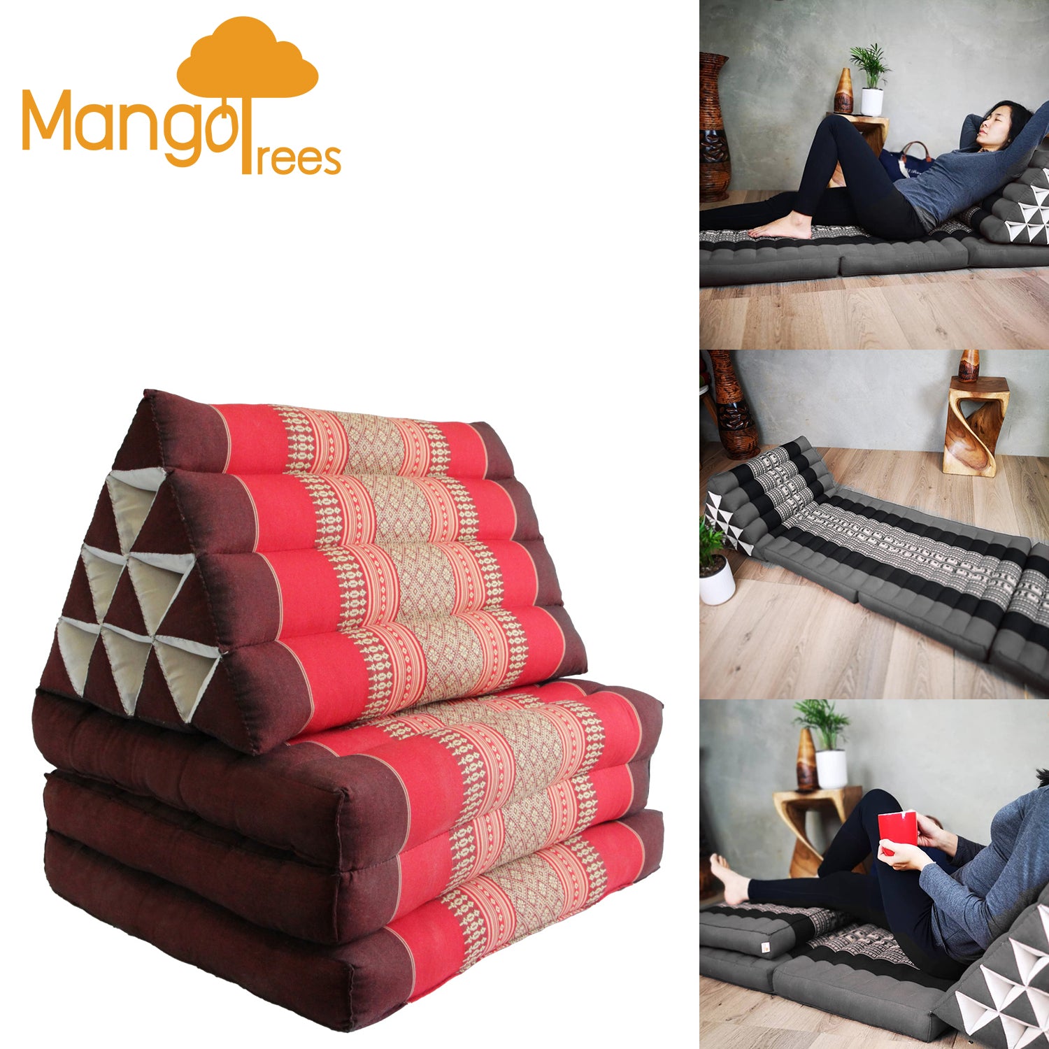 Large Thai Triangle Pillow THREE FOLDS Red V574-TTP10RED