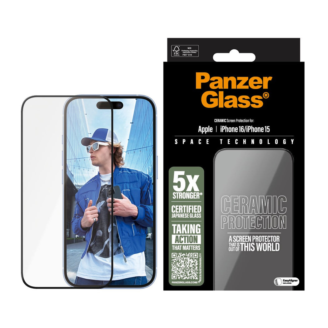 PanzerGlass Ultra-Wide Fit Ceramic Glass Screen Protector For iPhone 16 /15 - Clear V578-2853