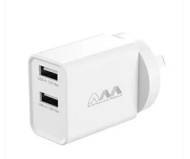 Australian Mobile DUAL Port USB-A 12W Power Wall Adapter Charger - White