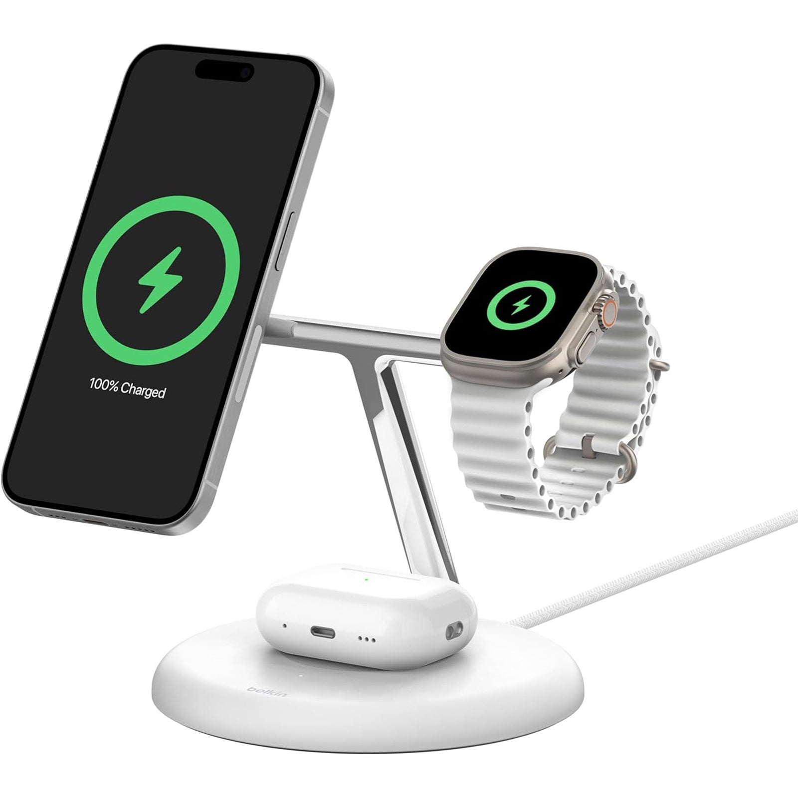 Belkin BoostCharge PRO 3-in-1 Qi2 15W Wireless Charger Stand MagSafe 2024 Model - White V578-WIZ023AUWH
