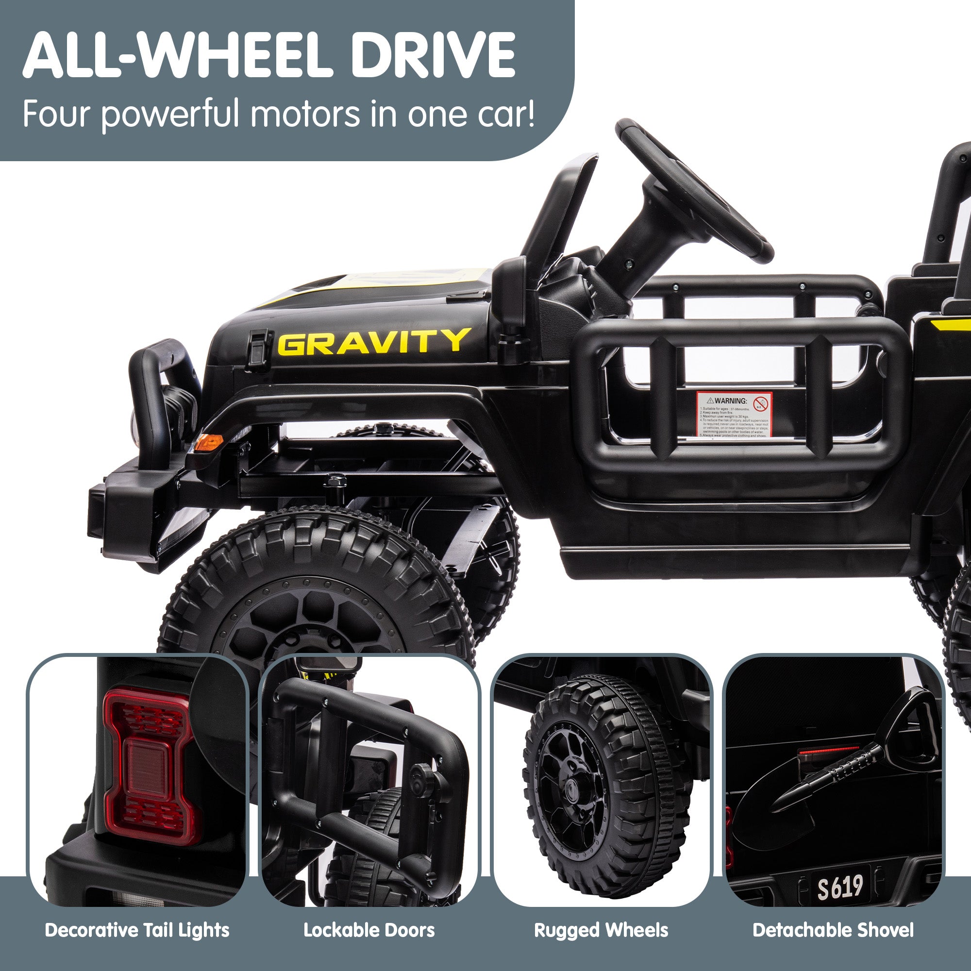 12V Kids Electric Ride On Jeep - Black V580-GR-TY619-BK
